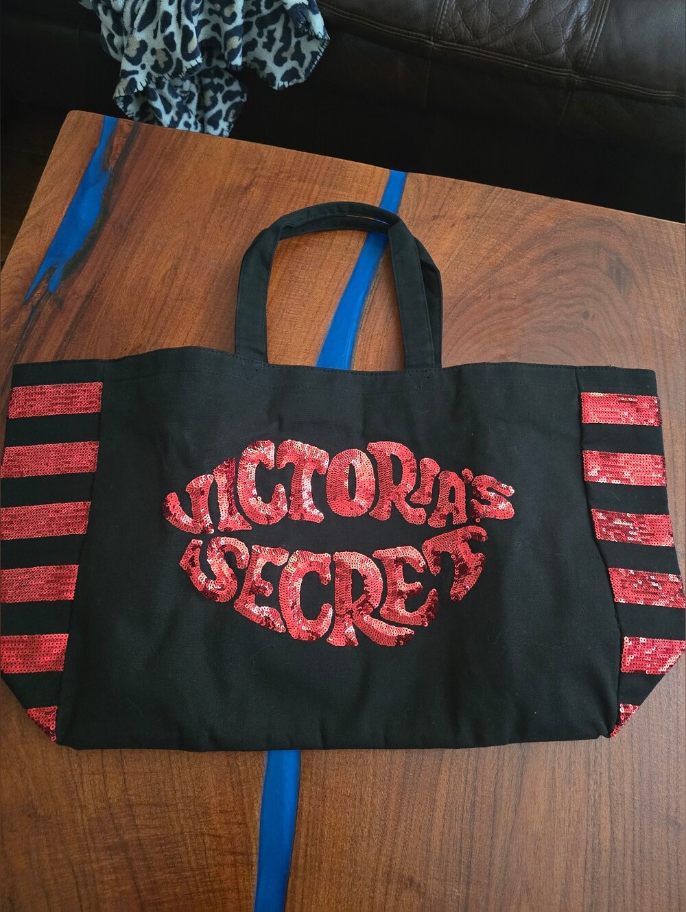 Victoria's Secret Black Tote with Red Sequin Logo and Striped Accents - Picture 2 of 9
